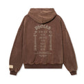Back view of PHOLKS Hoodie in washed brown featuring screen-printed Pholks tour artwork
