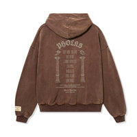 Back view of PHOLKS Hoodie in washed brown featuring screen-printed Pholks tour artwork

