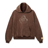 Front view of PHOLKS Hoodie in washed brown with tonal screen-printed graphic