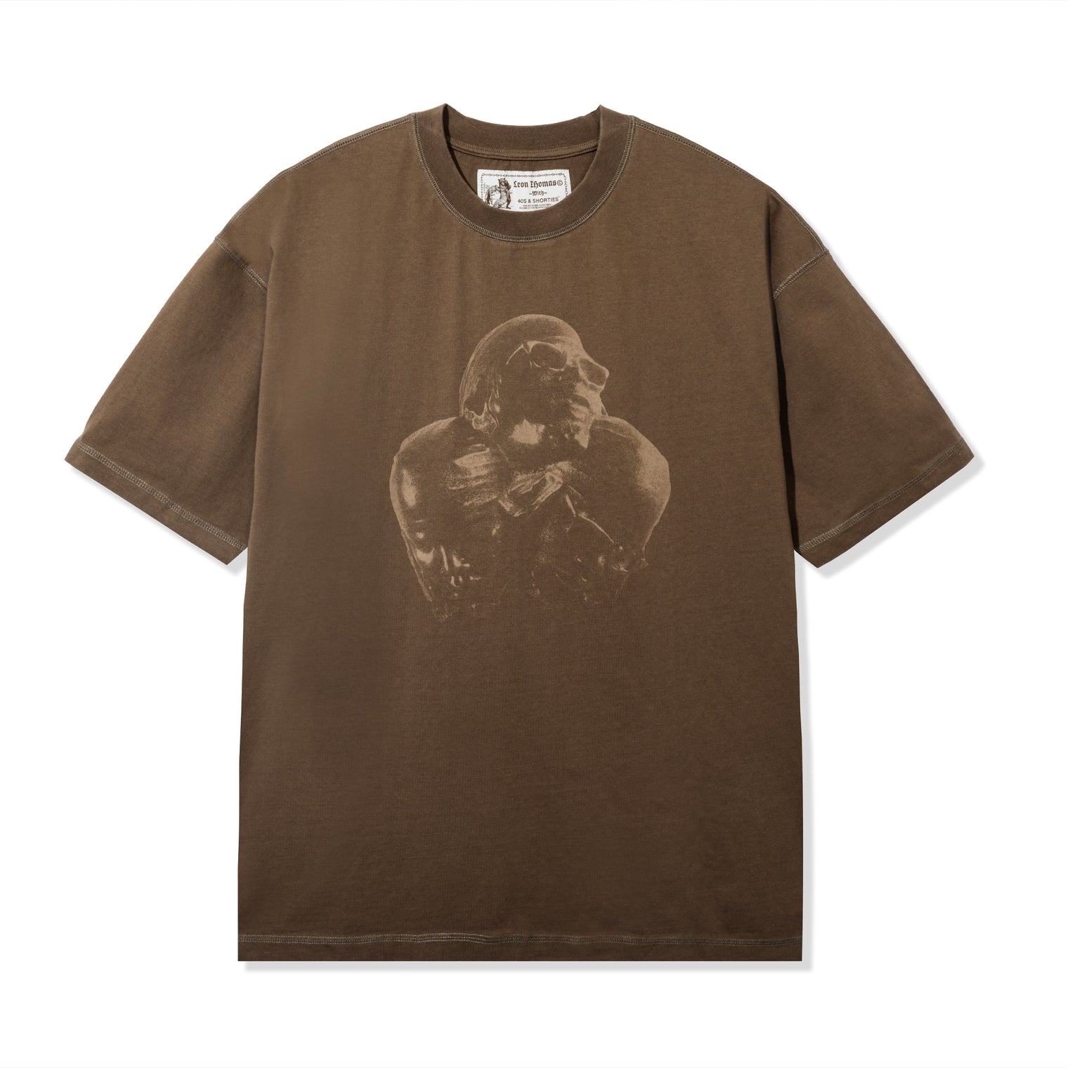Front view of PHOLKS Tee in washed brown with tonal Leon Thomas graphic
