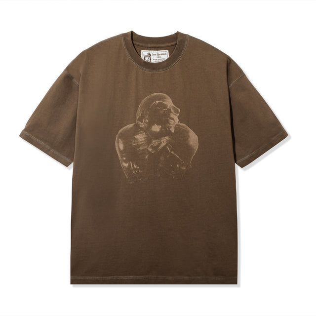 Front view of PHOLKS Tee in washed brown with tonal Leon Thomas graphic
