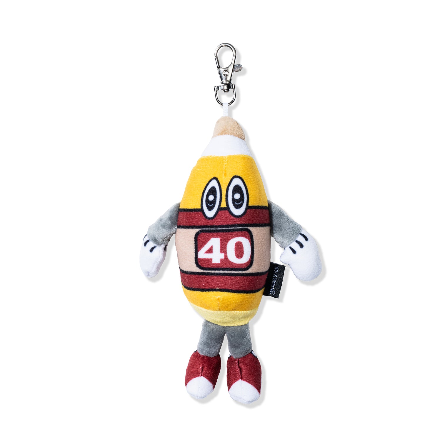 Front view of the 40 Bottle Plush Keychain with clip attachment
