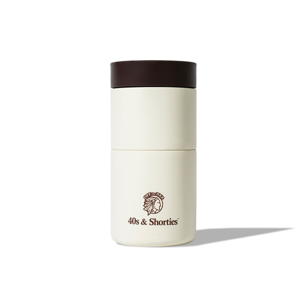 Fully assembled Coffee Pour Over Set featuring the 40s & Shorties logo and Off The Rez icon printed on the cream container.