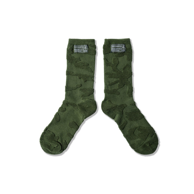 40s & Shorties Shag Socks Olive – reverse-knit camo crew socks front view