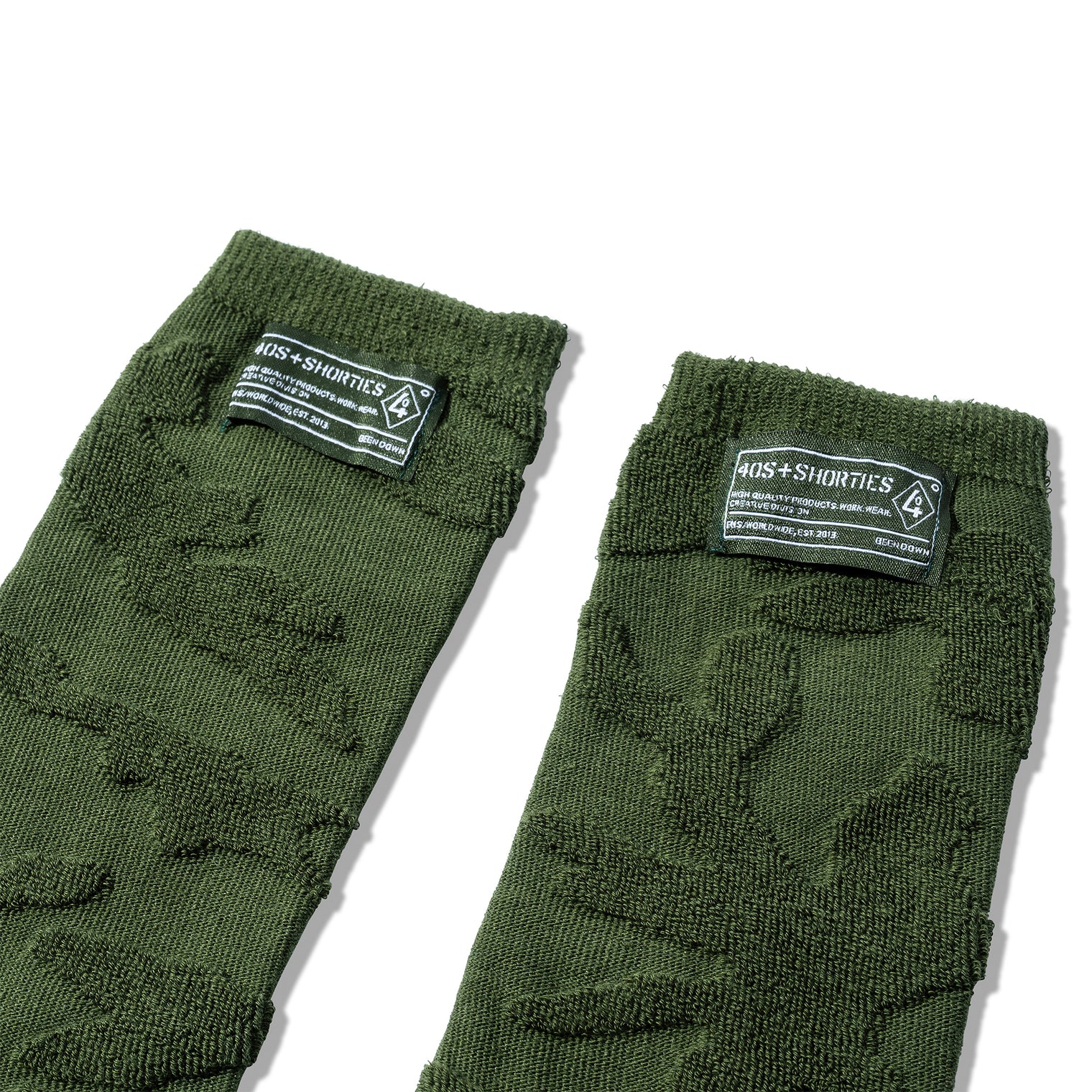 Close-up of 40s & Shorties Shag Socks Olive – textured knit with woven logo patch