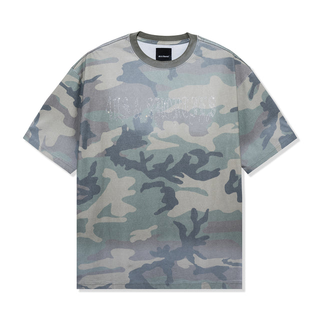 Front view of Angel Wings Tee in Camo with rhinestone script logo on chest
