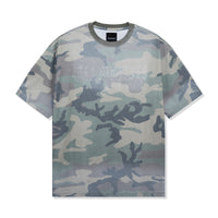 Front view of Angel Wings Tee in Camo with rhinestone script logo on chest
