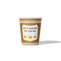 Ceramic Coffee Cup with “40s & Shorties Off The Rez” graphic and Greek border design
