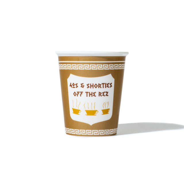Ceramic Coffee Cup with “40s & Shorties Off The Rez” graphic and Greek border design
