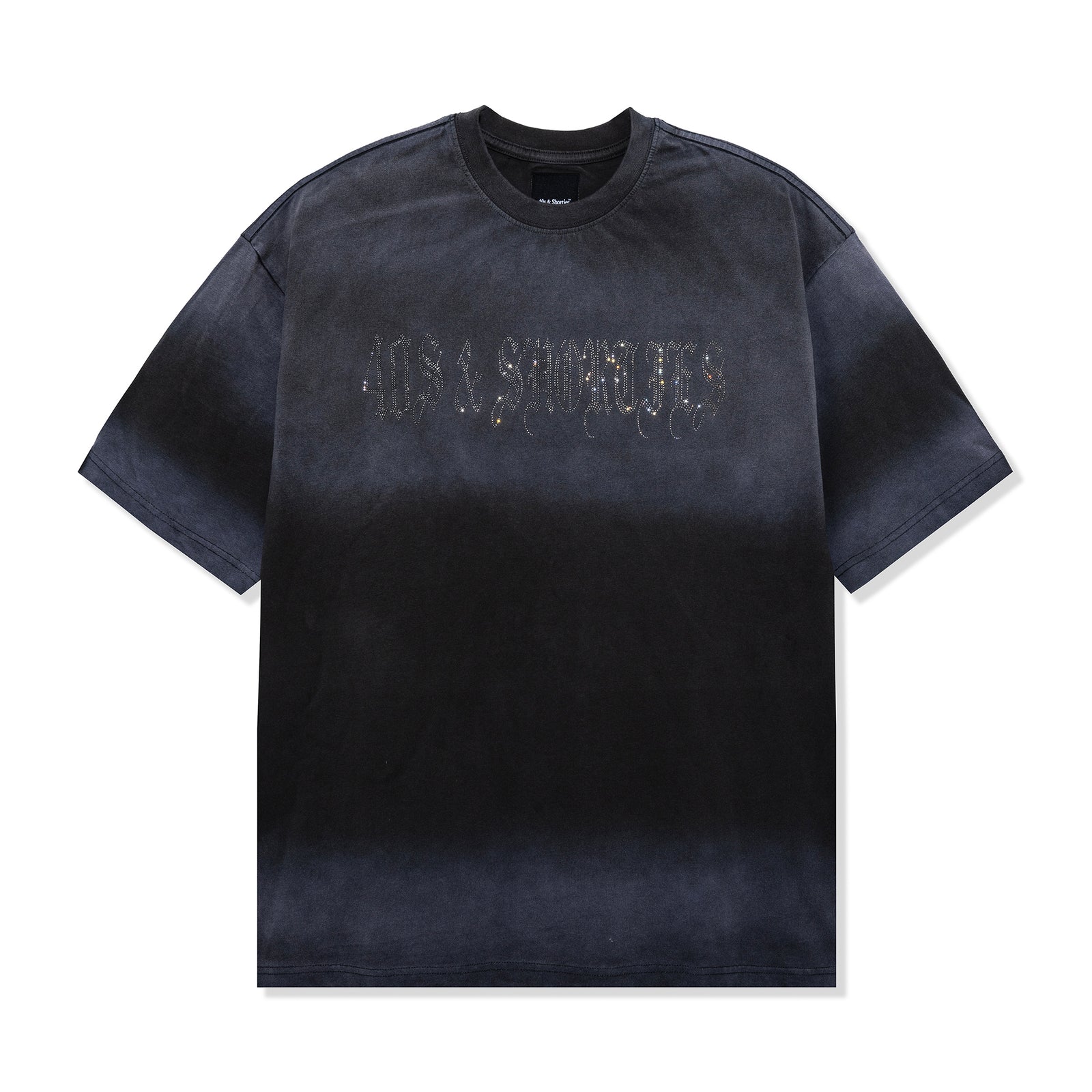 Front view of Angel Wings Tee in Charcoal with rhinestone script logo on chest
