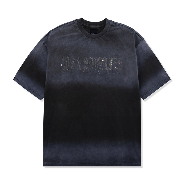 Front view of Angel Wings Tee in Charcoal with rhinestone script logo on chest
