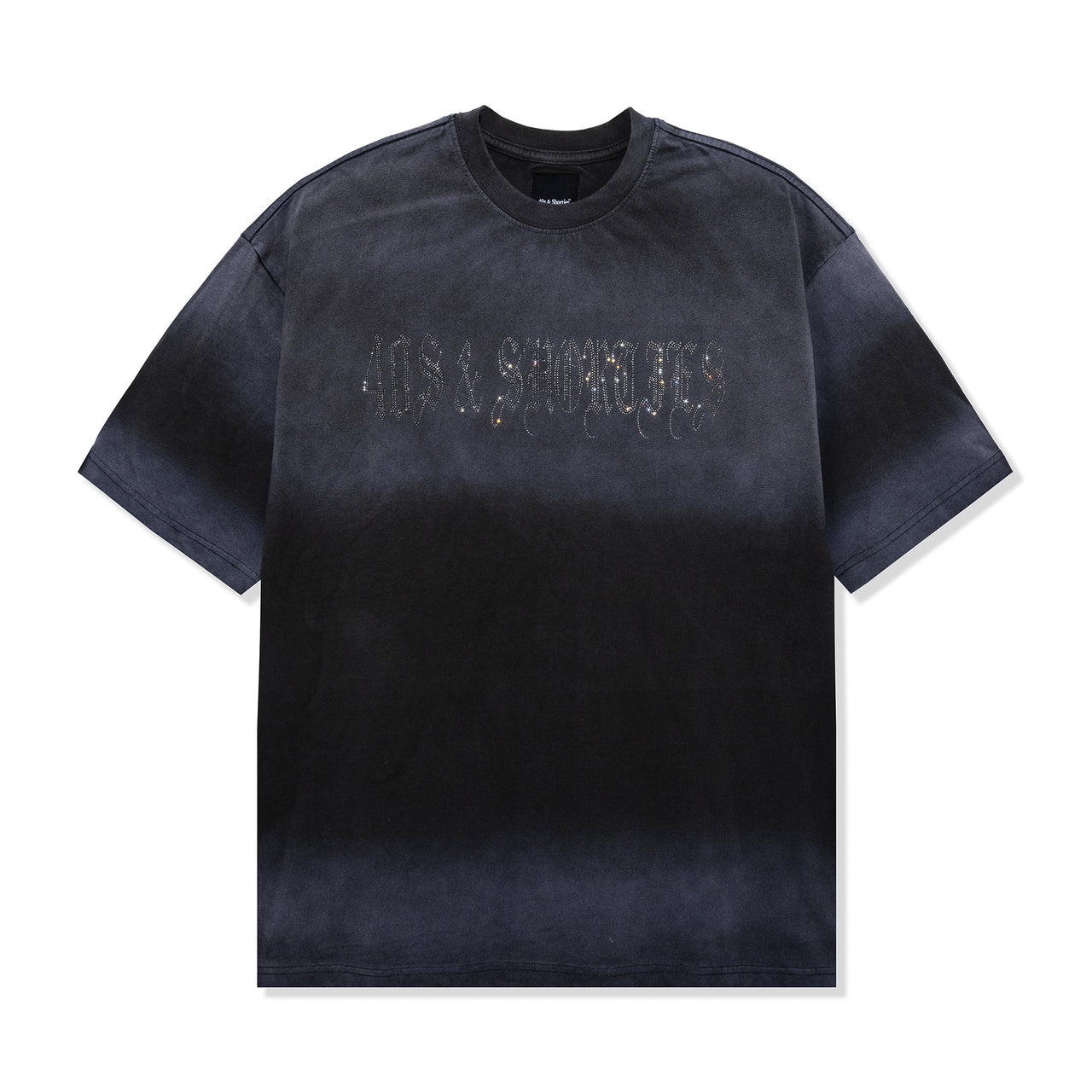 Front view of Angel Wings Tee in Charcoal with rhinestone script logo on chest
