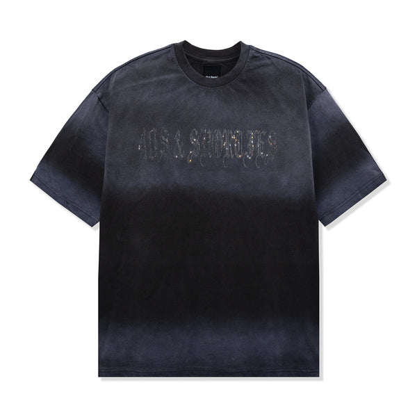 Front view of Angel Wings Tee in Charcoal with rhinestone script logo on chest
