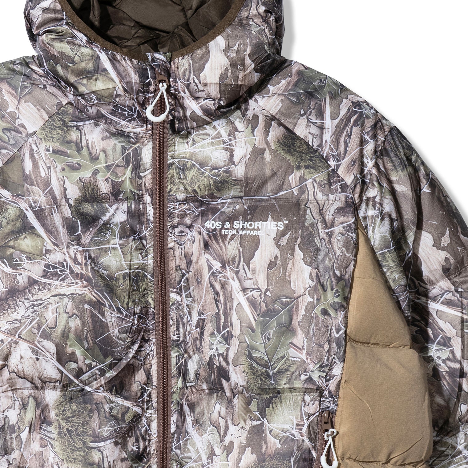 Close-up of 40s & Shorties Faded Camo Puffer Jacket – printed chest logo on camo fabric