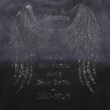 Detail view of rhinestone angel wings and tribute message on back of Angel Wings Tee in Charcoal