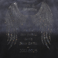 Detail view of rhinestone angel wings and tribute message on back of Angel Wings Tee in Charcoal