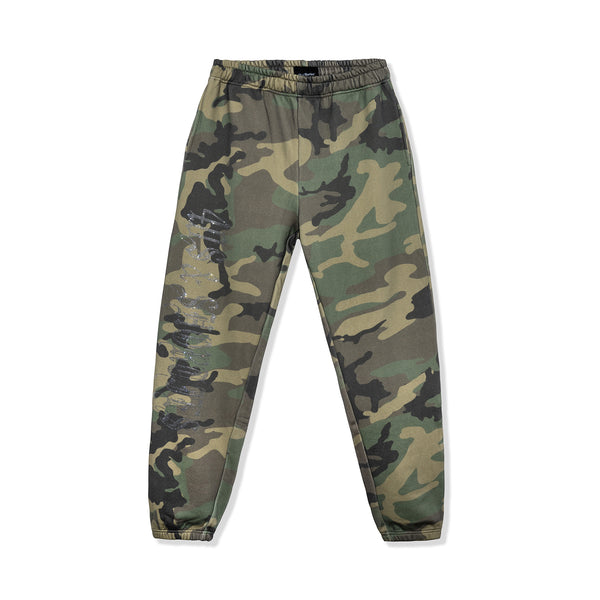 40s & Shorties Rhinestone Sweatpants Camo – fleece pants with rhinestone logo detail front view