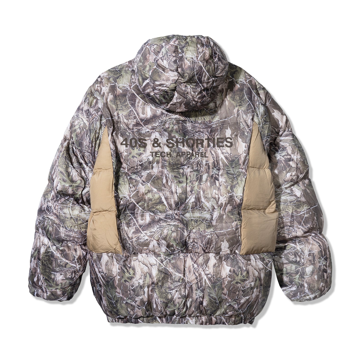 Back view of 40s & Shorties Faded Camo Puffer Jacket – printed logo across shoulders