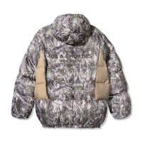 Back view of 40s & Shorties Faded Camo Puffer Jacket – printed logo across shoulders