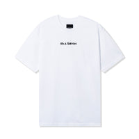 Front view of Wake & Brew Tee in White by 40s & Shorties – featuring small tribal chest logo print.
