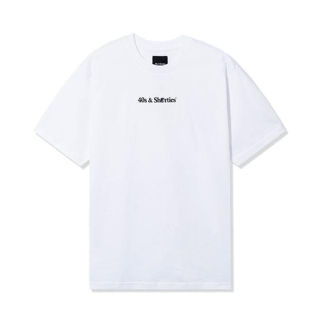 Front view of Wake & Brew Tee in White by 40s & Shorties – featuring small tribal chest logo print.
