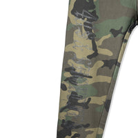 Close-up of 40s & Shorties Rhinestone Sweatpants – camo fleece with rhinestone leg logo