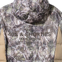 Close-up of Faded Camo Puffer Jacket – bold back logo print on camo fabric