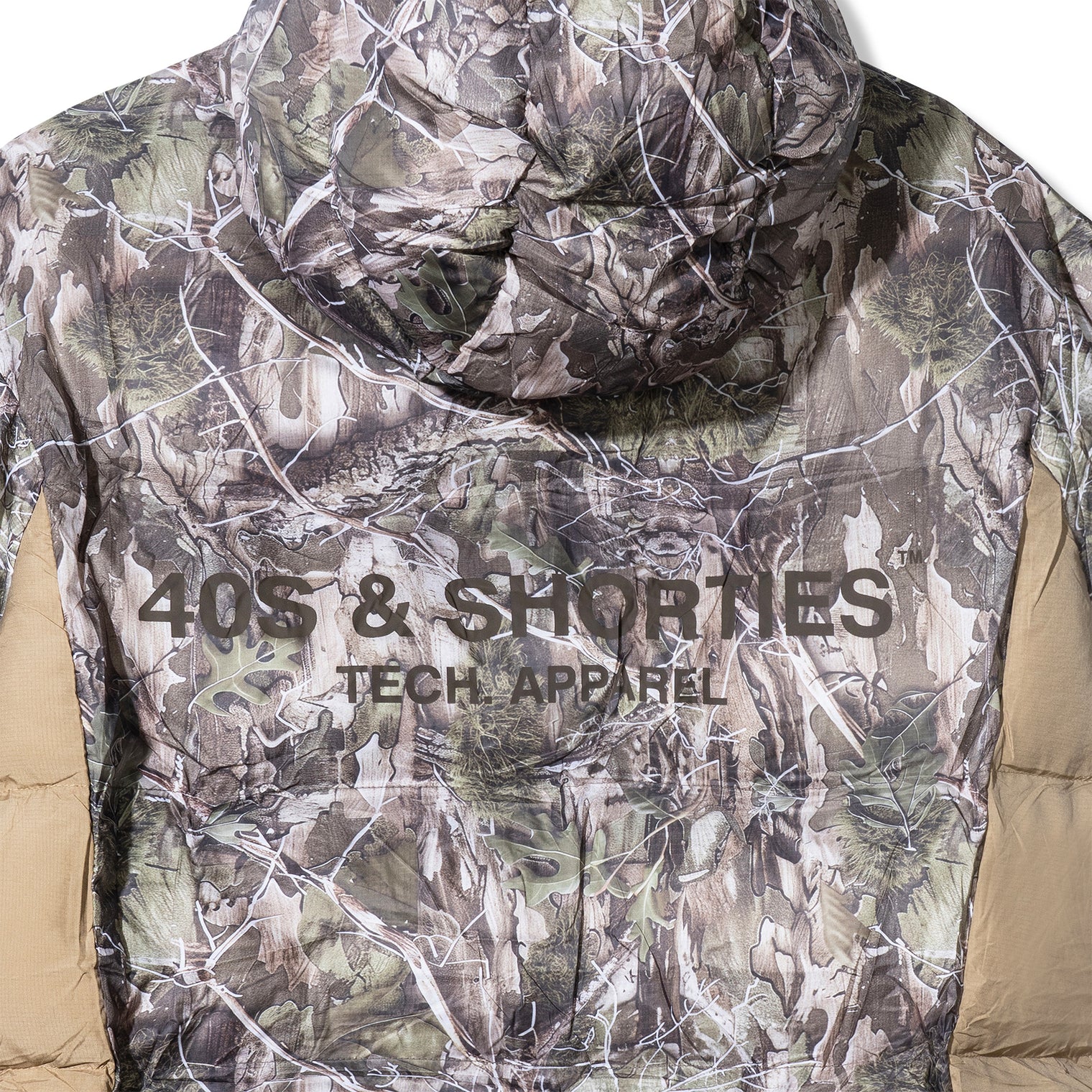 Close-up of Faded Camo Puffer Jacket – bold back logo print on camo fabric