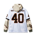 Back view of 40s & Shorties Jackson Jersey Sweater Desert Camo – applique numbers and camo hood