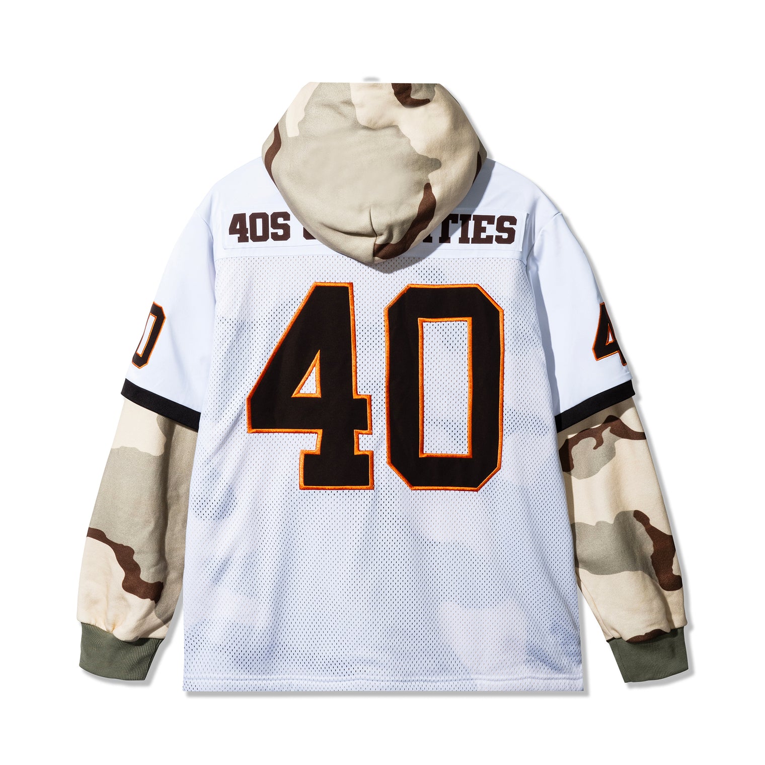 Back view of 40s & Shorties Jackson Jersey Sweater Desert Camo – applique numbers and camo hood
