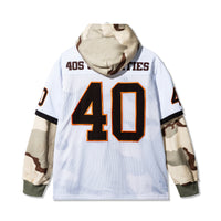 Back view of 40s & Shorties Jackson Jersey Sweater Desert Camo – applique numbers and camo hood