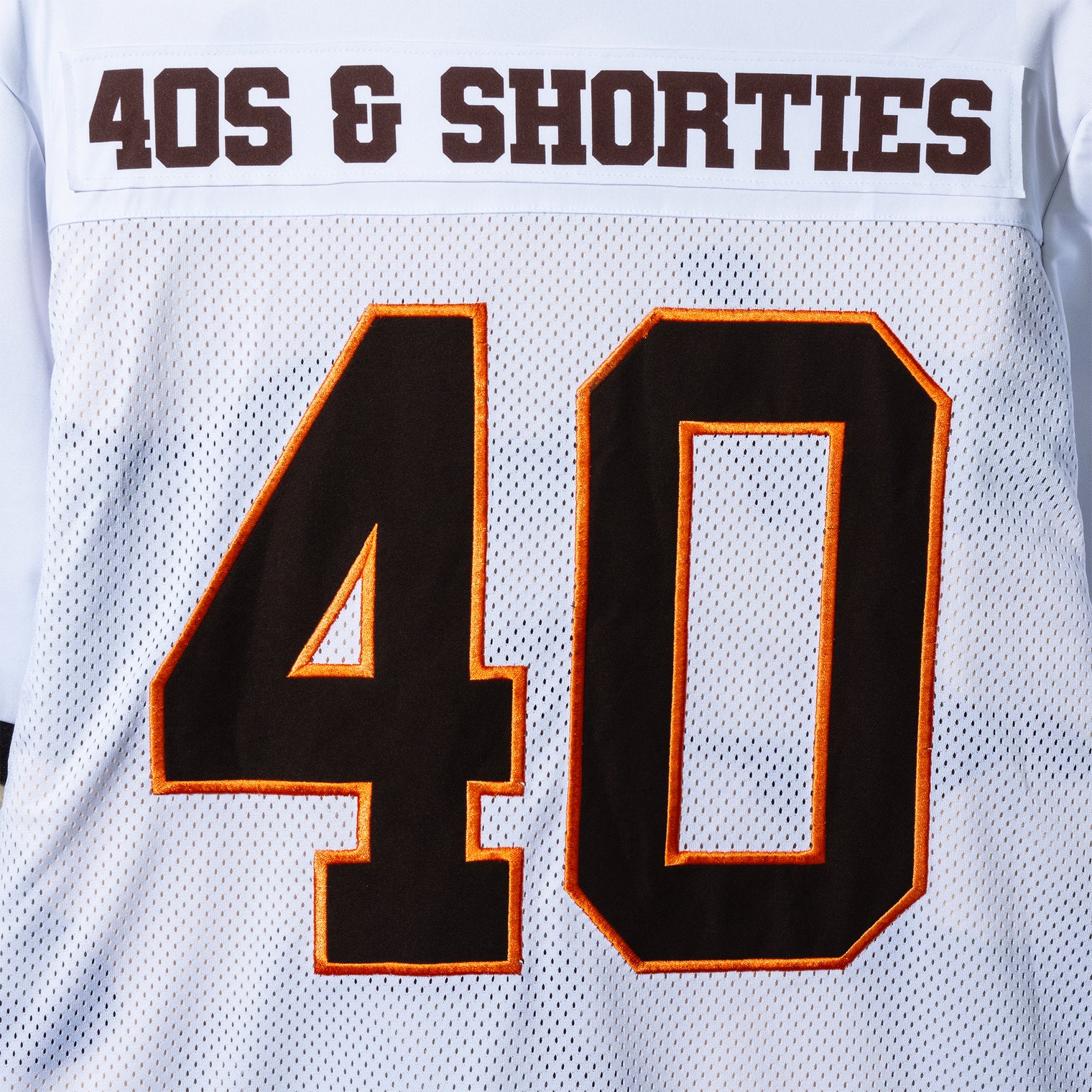 Close-up of Jackson Jersey Sweater – back applique 40 number and 40s & Shorties logo