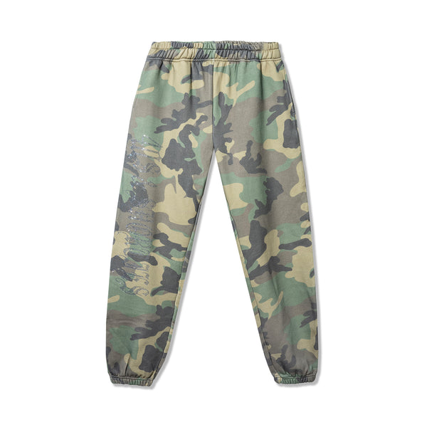 40s & Shorties Rhinestone Sweatpants Camo – fleece pants with rhinestone logo detail front view