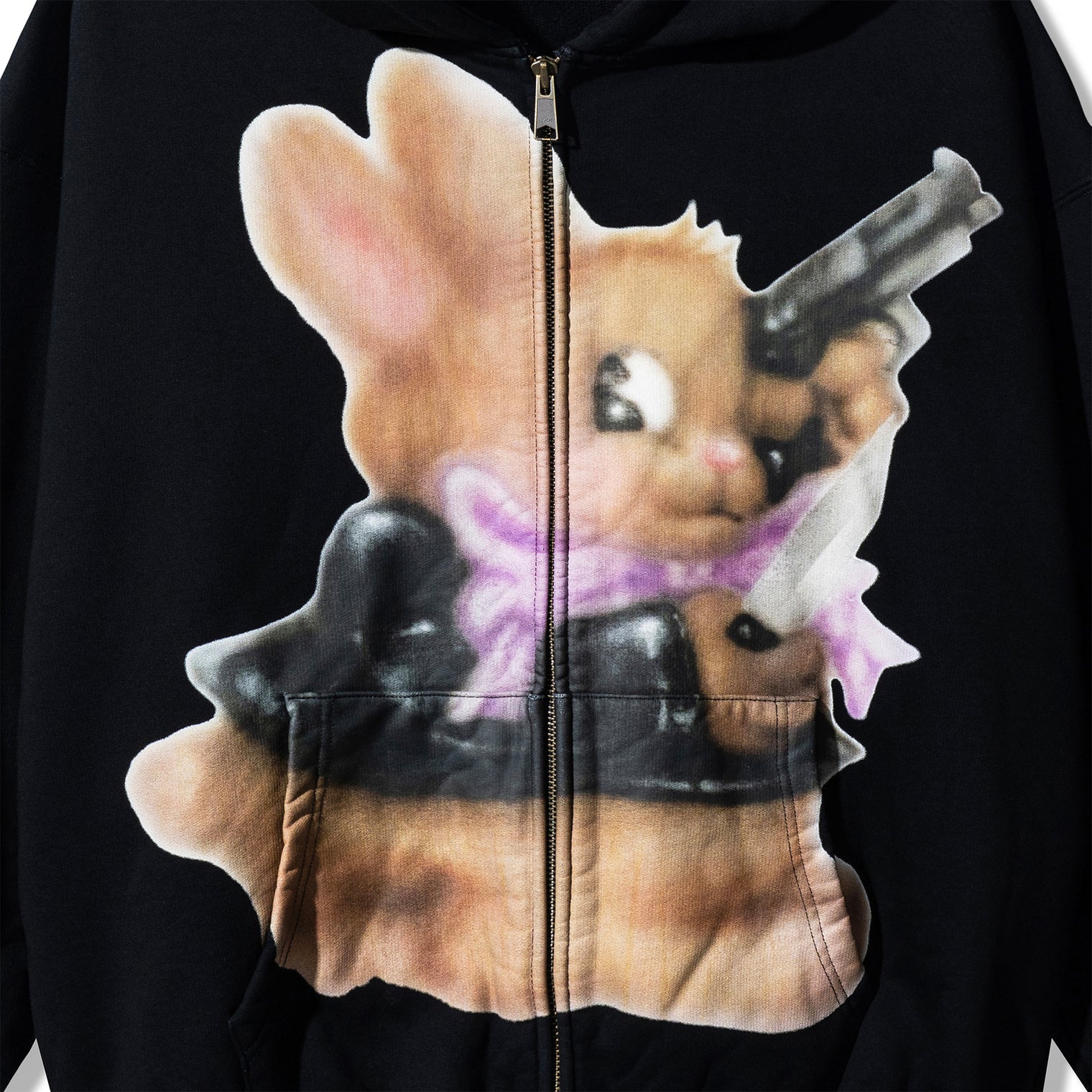 Close-up of 40s & Shorties Psycho Bunny Hoodie – surreal bunny artwork printed across chest