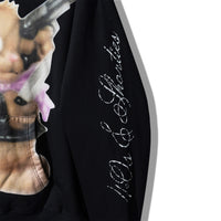 Side view of Psycho Bunny Hoodie – 40s & Shorties printed branding on sleeve in white script