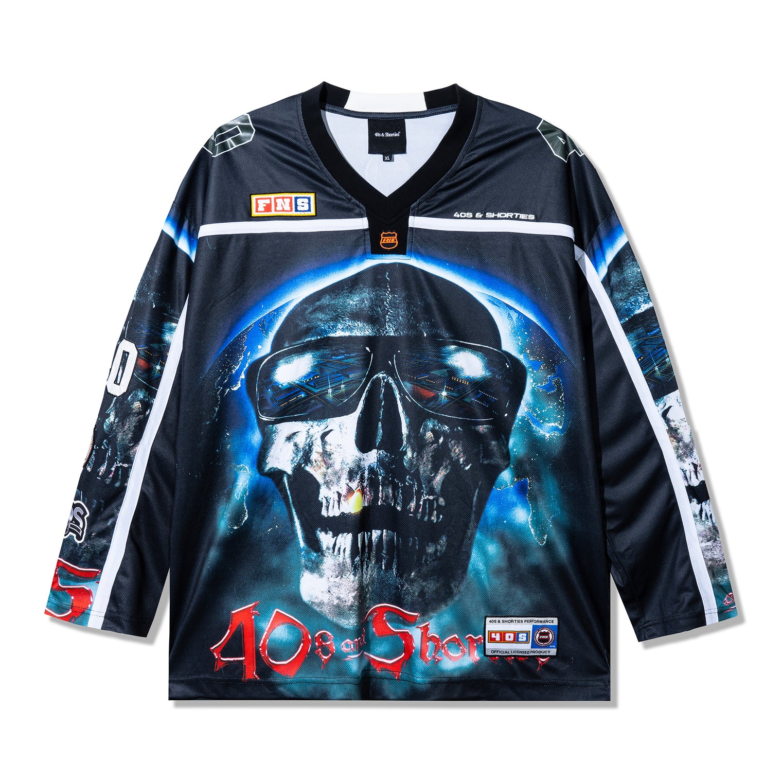 Front view of the Tales Hockey Jersey in black with a large sublimated skull graphic wearing sunglasses.