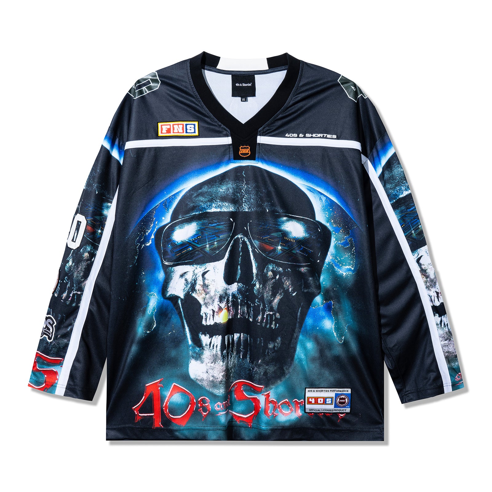 Front view of the Tales Hockey Jersey in black with a large sublimated skull graphic wearing sunglasses.
