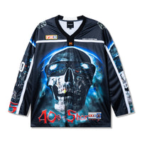 Front view of the Tales Hockey Jersey in black with a large sublimated skull graphic wearing sunglasses.