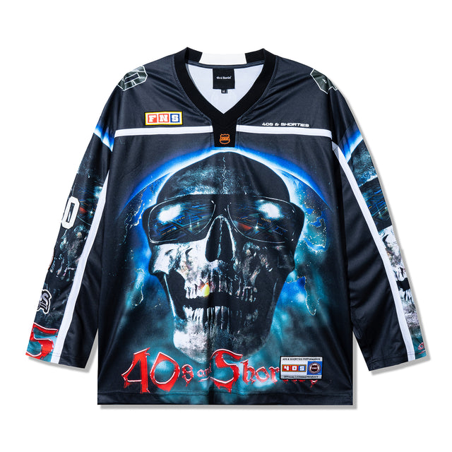 Front view of the Tales Hockey Jersey in black with a large sublimated skull graphic wearing sunglasses.