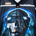 Close-up of skull artwork on the Tales Hockey Jersey chest with glowing eyes and space-inspired details.