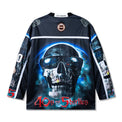 Back view of the Tales Hockey Jersey in black with oversized skull graphic and glowing cosmic effect.
