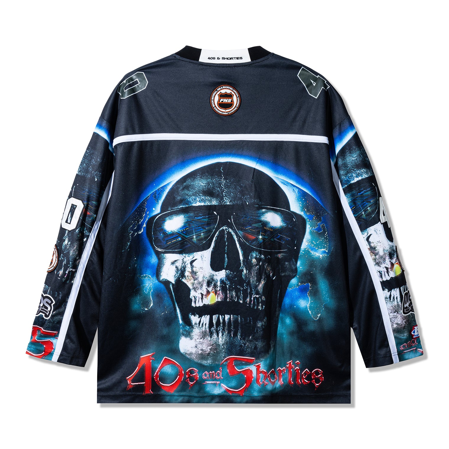 Back view of the Tales Hockey Jersey in black with oversized skull graphic and glowing cosmic effect.
