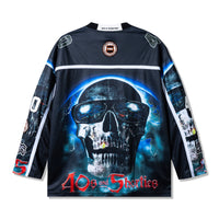 Back view of the Tales Hockey Jersey in black with oversized skull graphic and glowing cosmic effect.