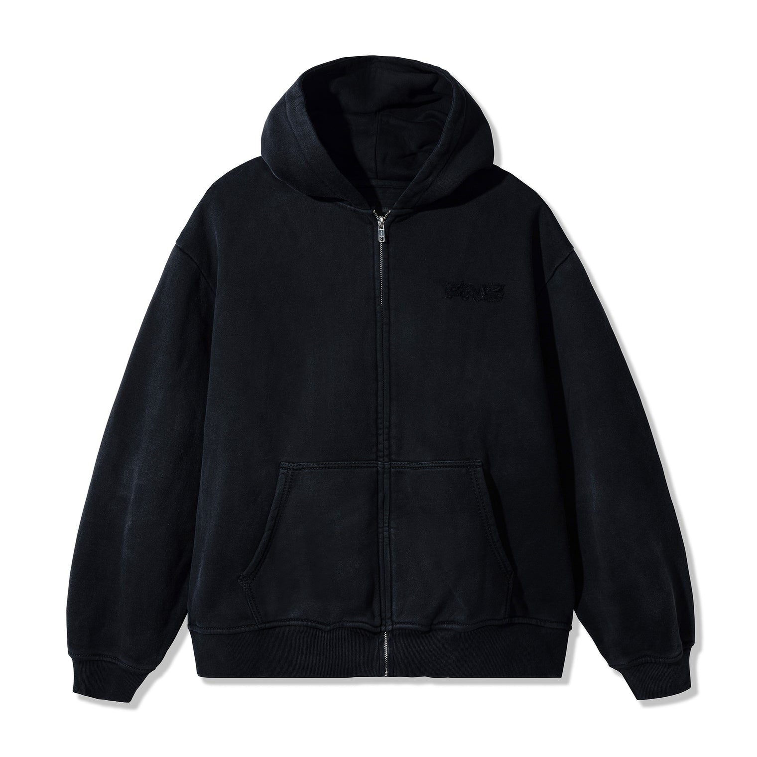 40s & Shorties Faded Logo Zip Hoodie in Black with sun-washed finish and tonal chest embroidery