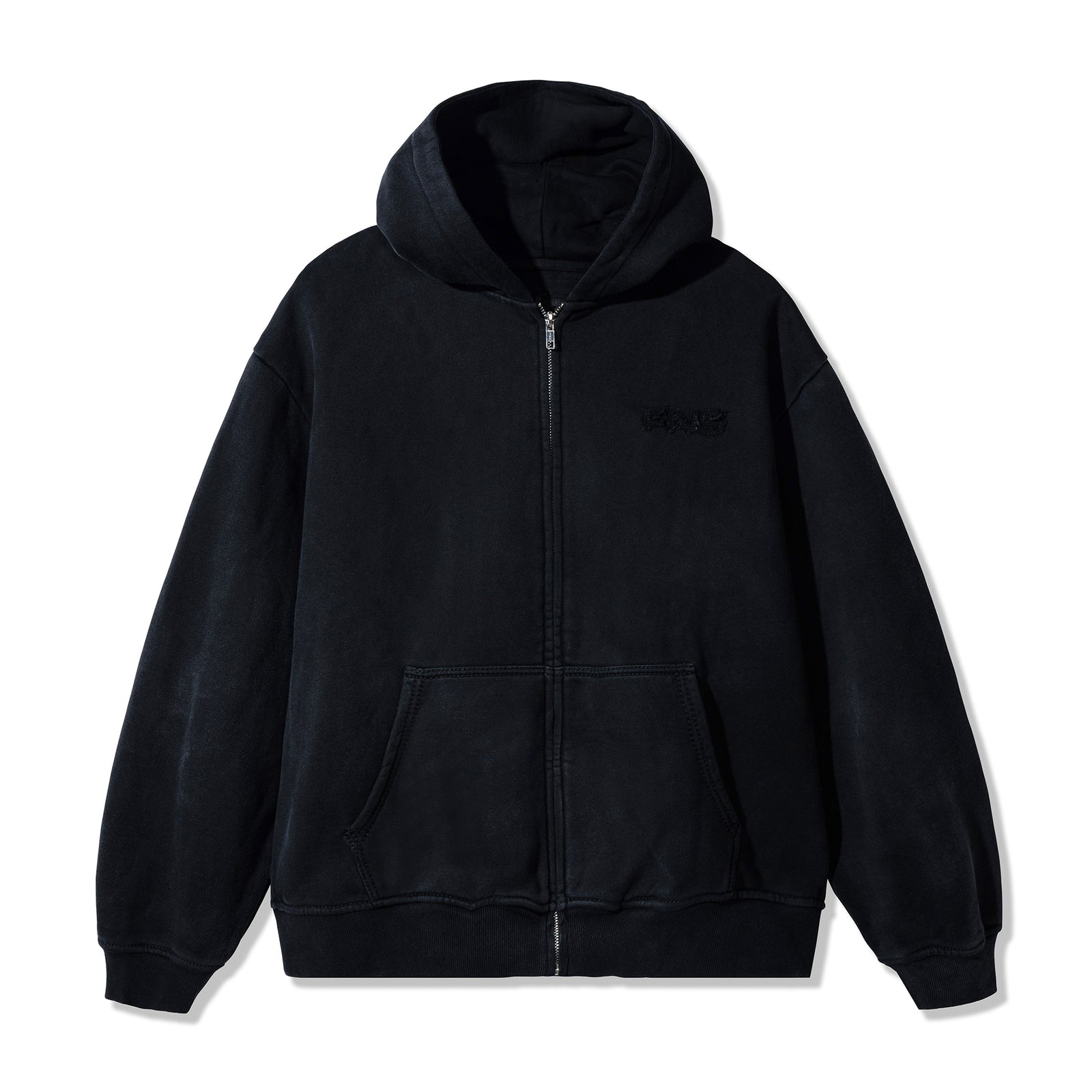 40s & Shorties Faded Logo Zip Hoodie in Black with sun-washed finish and tonal chest embroidery
