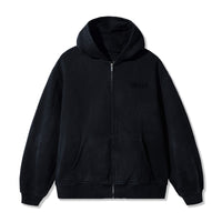 40s & Shorties Faded Logo Zip Hoodie in Black with sun-washed finish and tonal chest embroidery