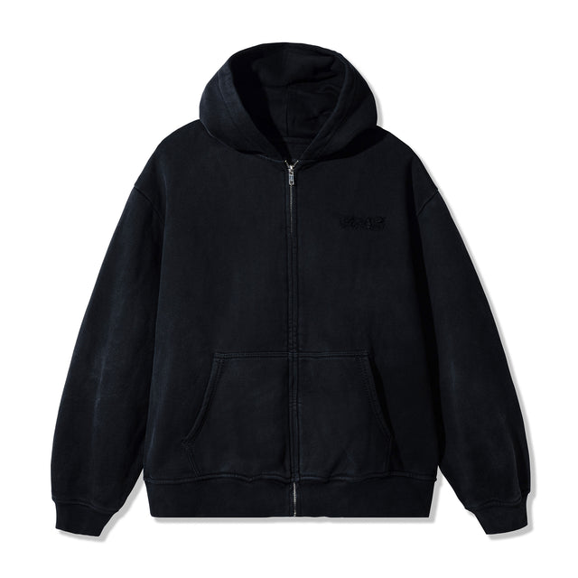 40s & Shorties Faded Logo Zip Hoodie in Black with sun-washed finish and tonal chest embroidery