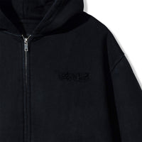 Detailed view of tonal embroidered 40s & Shorties logo on the Faded Logo Zip Hoodie – Black