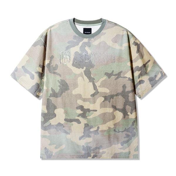 Front view of Angel Wings Tee in Camo with rhinestone script logo on chest
