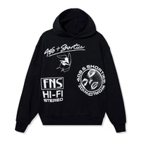 Flat lay front view of Layout Hoodie in black with bold white printed graphics including 40s & Shorties branding and Hi-Fi Stereo artwork.
